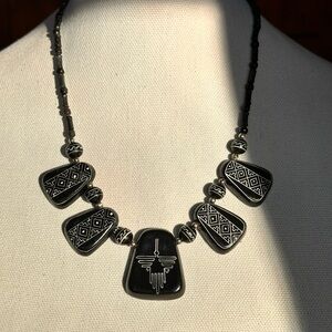 HAND PAINTED Native American design. Elegant Black and Silver Pendant Necklace